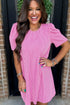 Corded Knit Crew Neck Puff Sleeve Shift Mini Dress